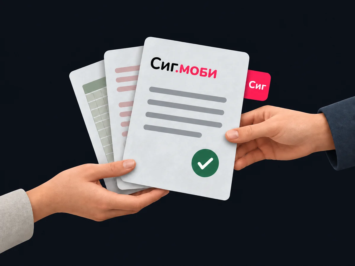 Подписанные документы с фирменным знаком Сиг.моби передают из рук в руки.