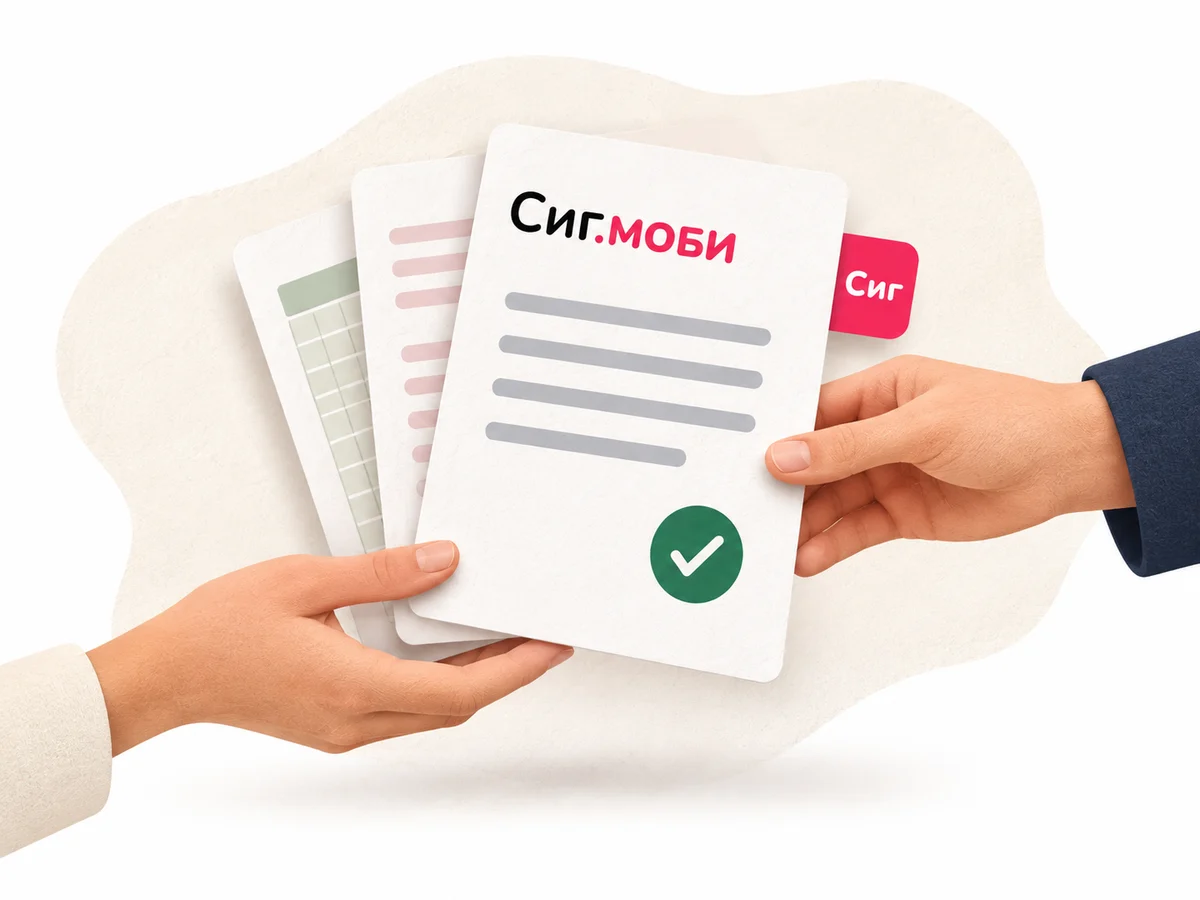 Подписанные документы с фирменным знаком Сиг.моби передают из рук в руки.